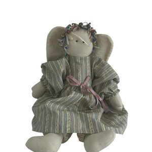 Vintage Hand Made Cottagecore Angel Rag Doll, Ribbon & Bell Halo,Prairie Dress